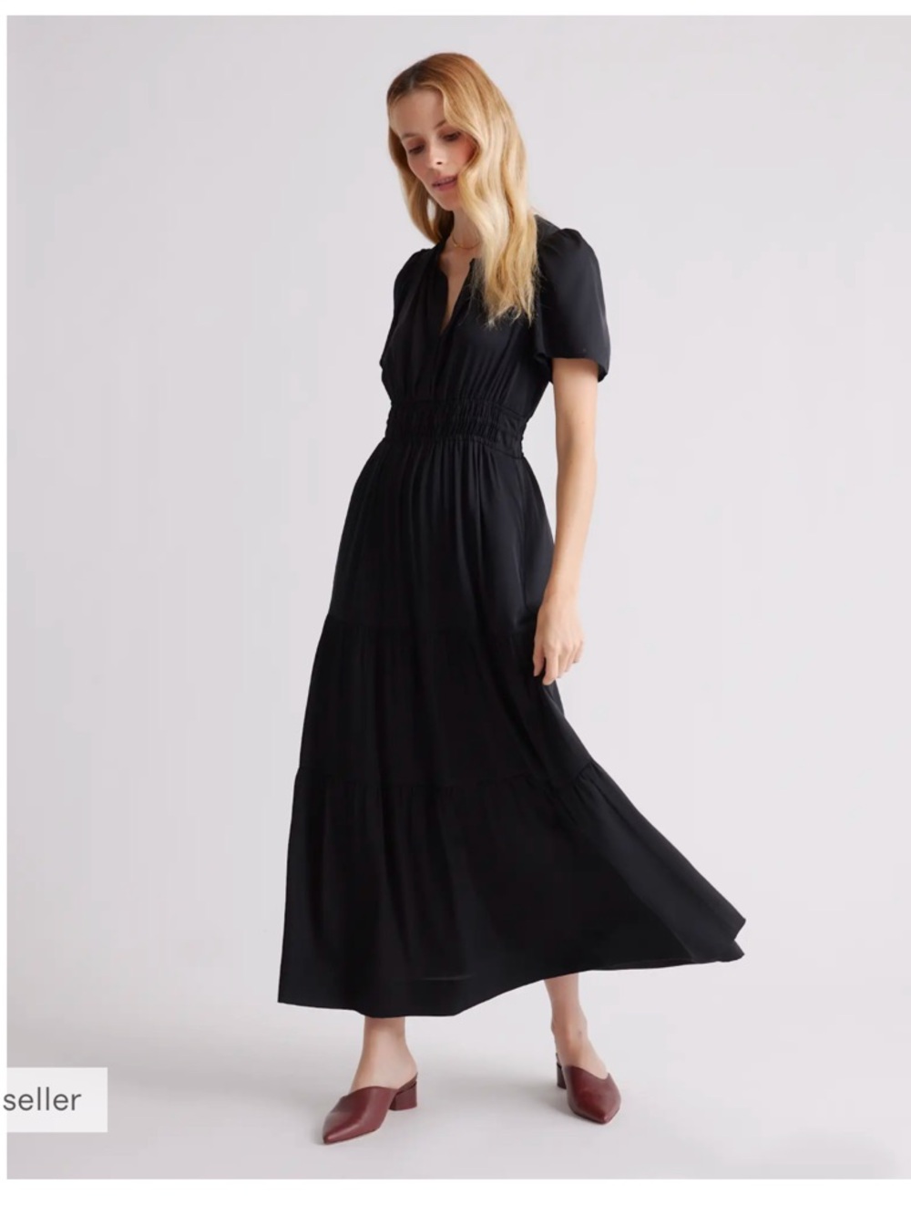 Quince Washable Stretch Silk Tiered Maxi Dress Tiny Dot Polka Dot Print Sz M NEW